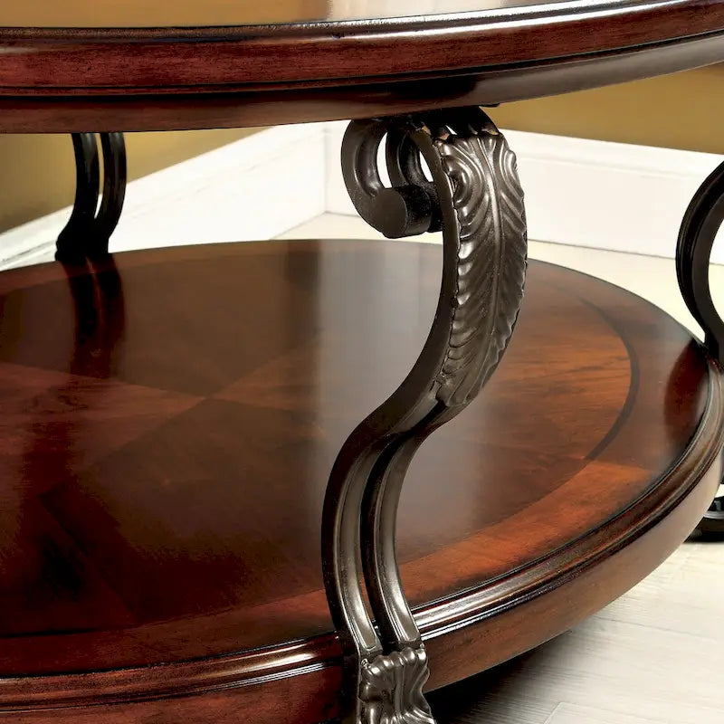 Mesa de centro ovalada con superficie de cristal y estructura de metal con arabescos, color cerezo marrón, para 1 sala