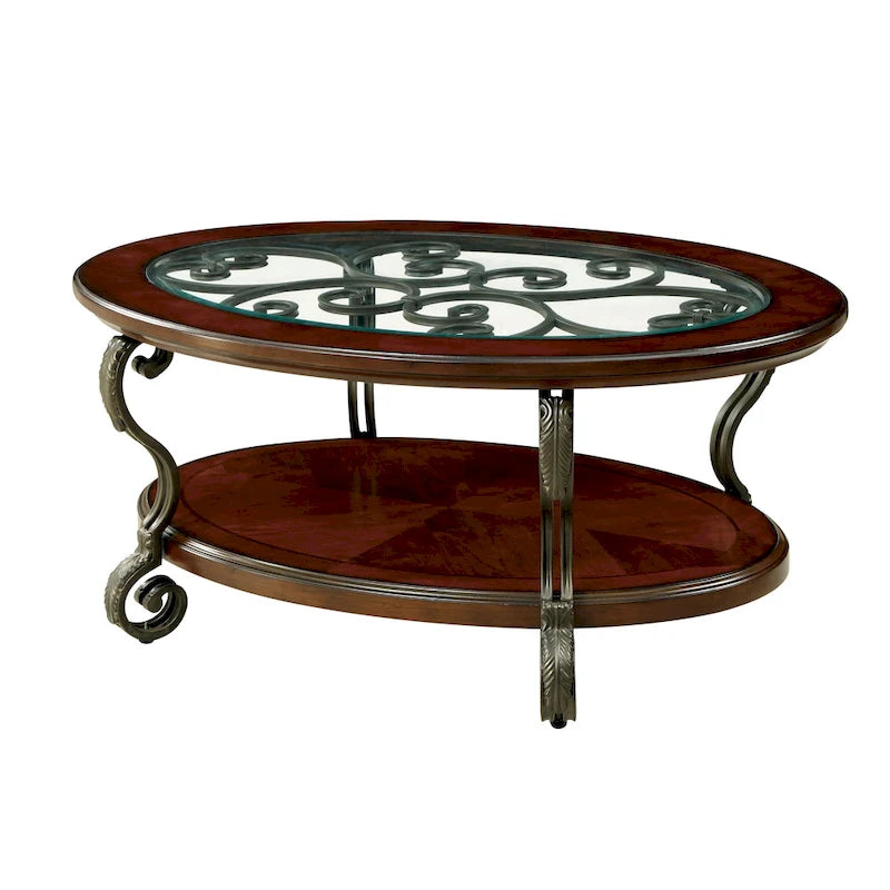 Mesa de centro ovalada con superficie de cristal y estructura de metal con arabescos, color cerezo marrón, para 1 sala