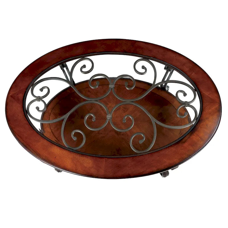 Mesa de centro ovalada con superficie de cristal y estructura de metal con arabescos, color cerezo marrón, para 1 sala