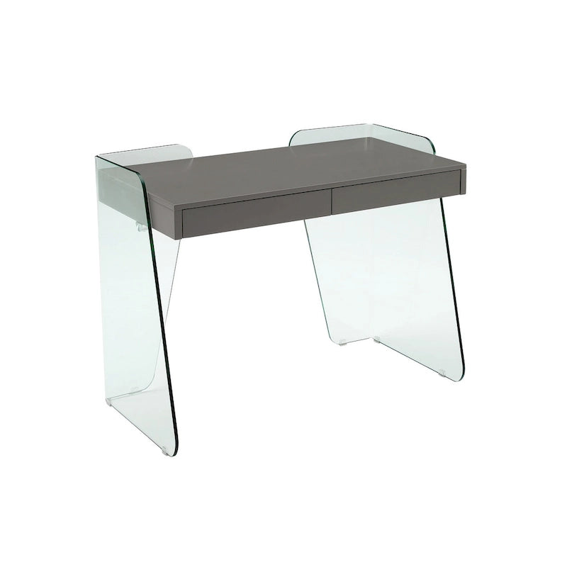Escritorio de oficina con superficie de cristal y 2 cajones de cierre suave, para 1 persona, marrón/blanco/gris