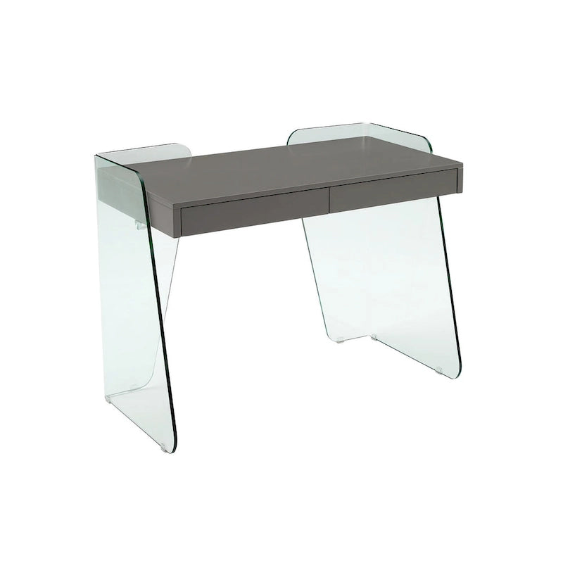 Escritorio de oficina con superficie de cristal y 2 cajones de cierre suave, para 1 persona, marrón/blanco/gris