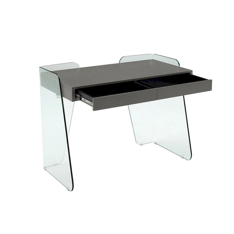 Escritorio de oficina con superficie de cristal y 2 cajones de cierre suave, para 1 persona, marrón/blanco/gris