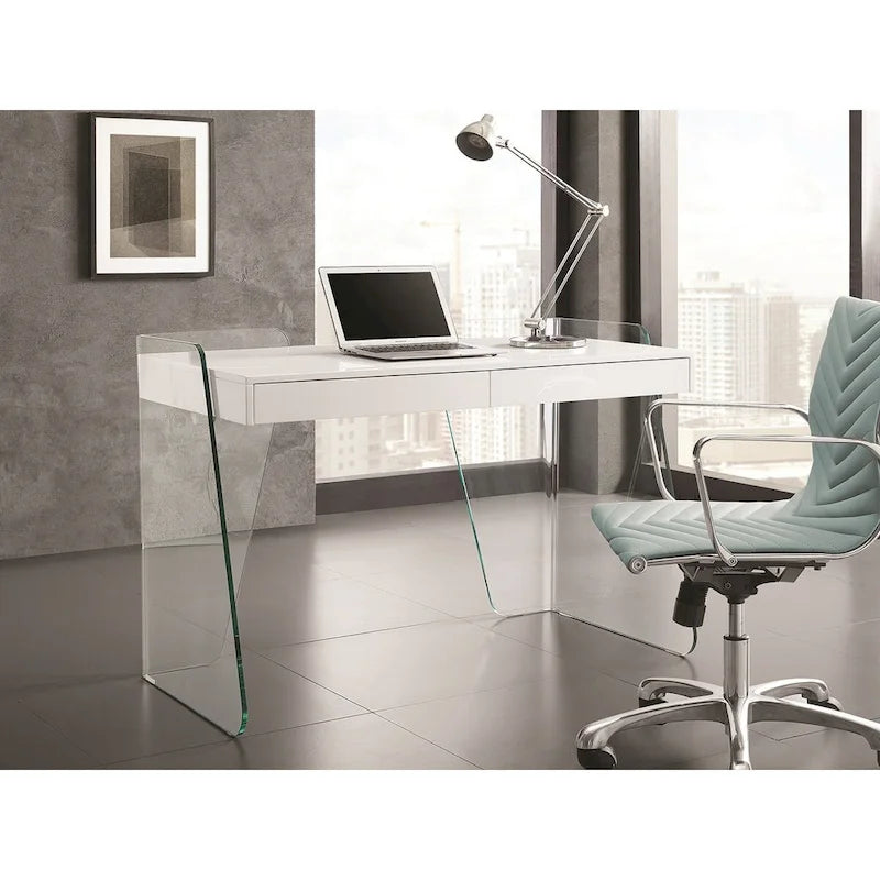 Escritorio de oficina con superficie de cristal y 2 cajones de cierre suave, para 1 persona, marrón/blanco/gris