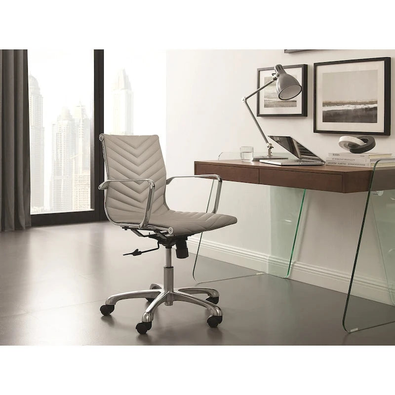Escritorio de oficina con superficie de cristal y 2 cajones de cierre suave, para 1 persona, marrón/blanco/gris