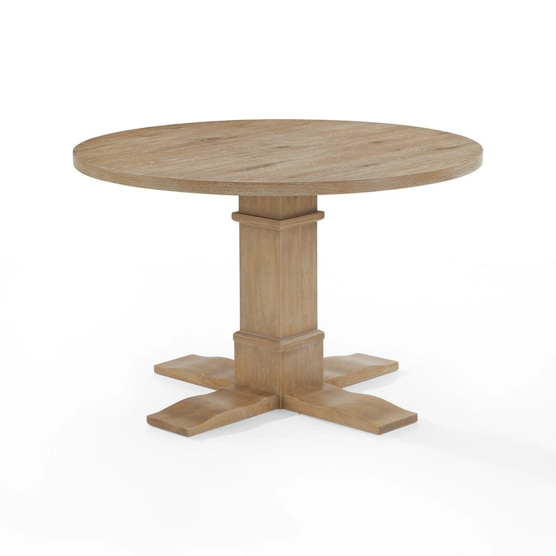 Mesa de comedor redonda rústica marrón, base de pedestal, para 4 personas