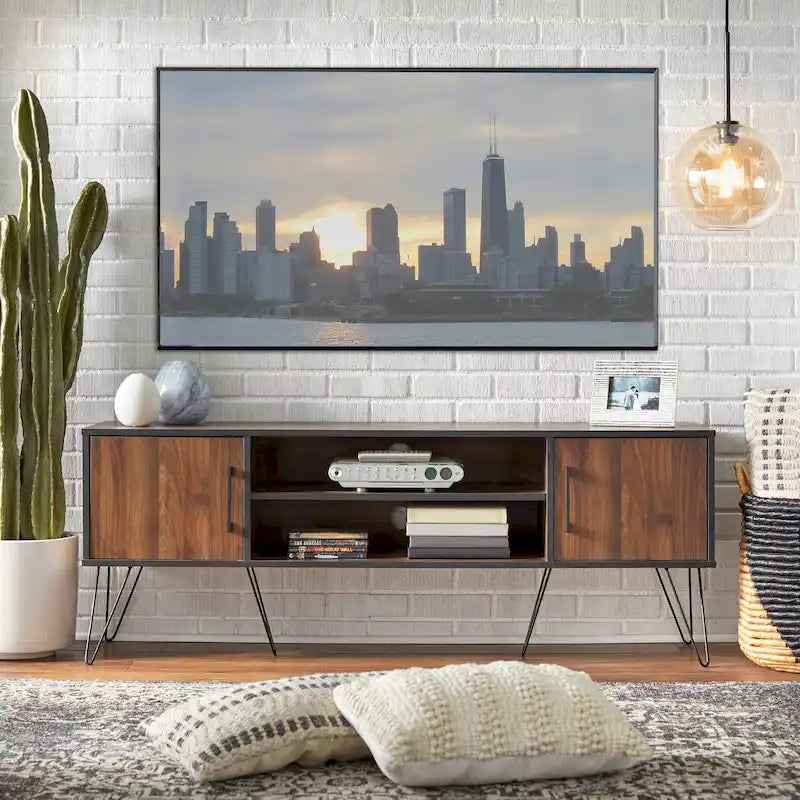 Mueble de TV de mediados de siglo, negro/nogal – Para televisores de hasta 64"