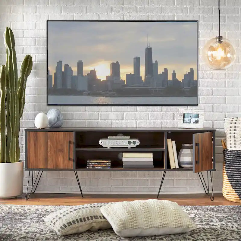 Mueble de TV de mediados de siglo, negro/nogal – Para televisores de hasta 64"