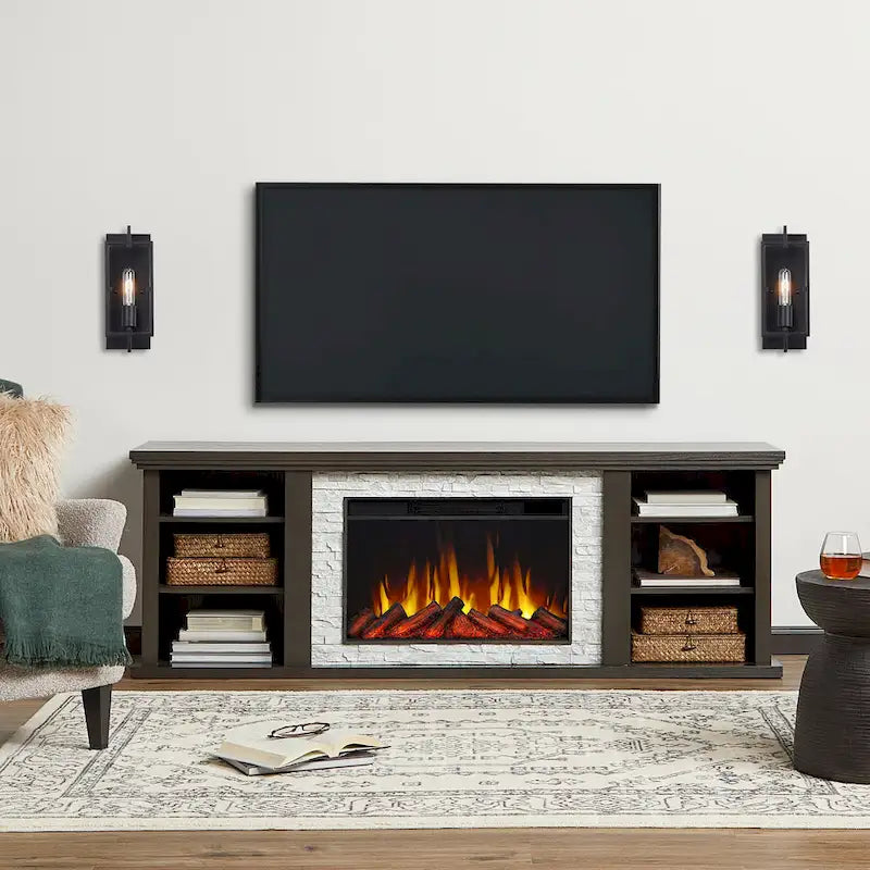 Soporte de TV de chimenea eléctrica de roble oscuro, 72", 1 persona