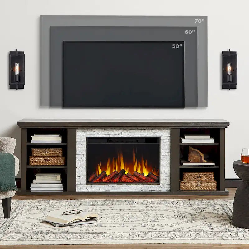 Soporte de TV de chimenea eléctrica de roble oscuro, 72", 1 persona