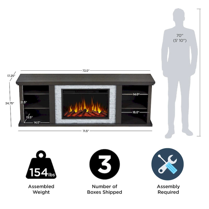 Soporte de TV de chimenea eléctrica de roble oscuro, 72", 1 persona