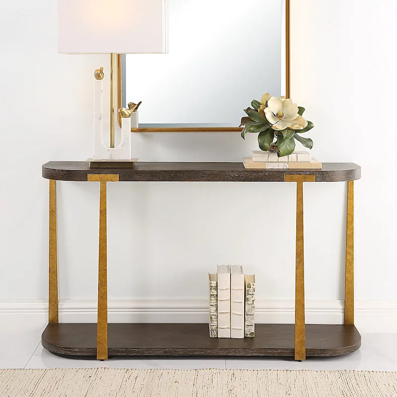 Mesa consola marrón y dorada, superficie de madera, 1 pieza, 54 an. x 30 al. x 14 prof. pulg.