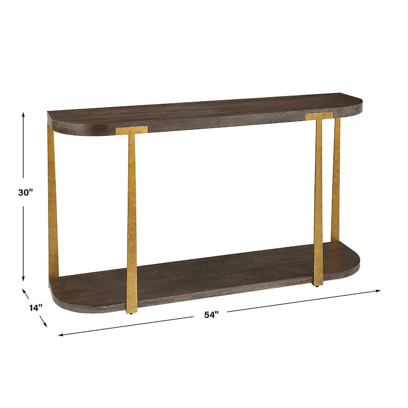 Mesa consola marrón y dorada, superficie de madera, 1 pieza, 54 an. x 30 al. x 14 prof. pulg.