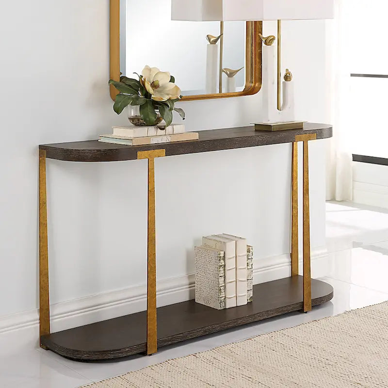 Mesa consola marrón y dorada, superficie de madera, 1 pieza, 54 an. x 30 al. x 14 prof. pulg.