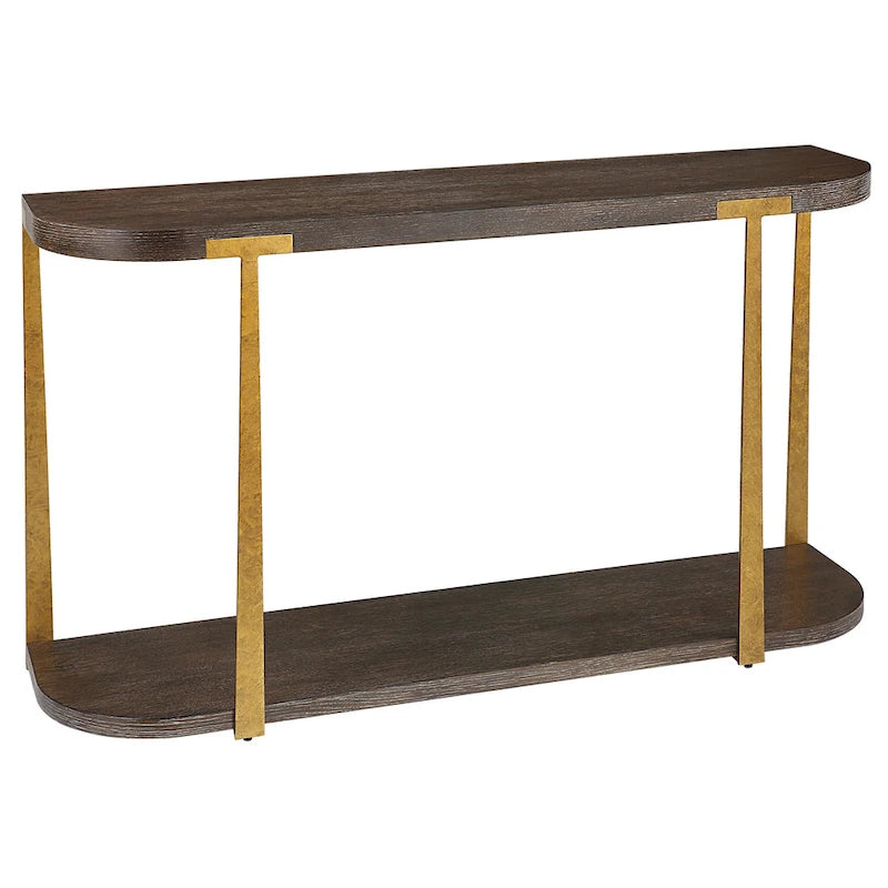 Mesa consola marrón y dorada, superficie de madera, 1 pieza, 54 an. x 30 al. x 14 prof. pulg.