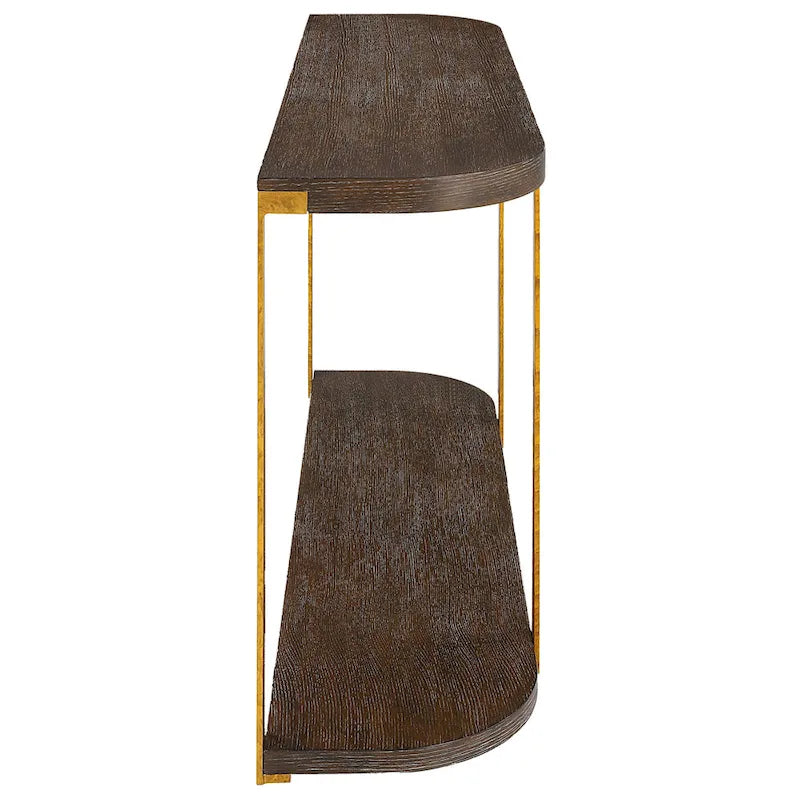 Mesa consola marrón y dorada, superficie de madera, 1 pieza, 54 an. x 30 al. x 14 prof. pulg.