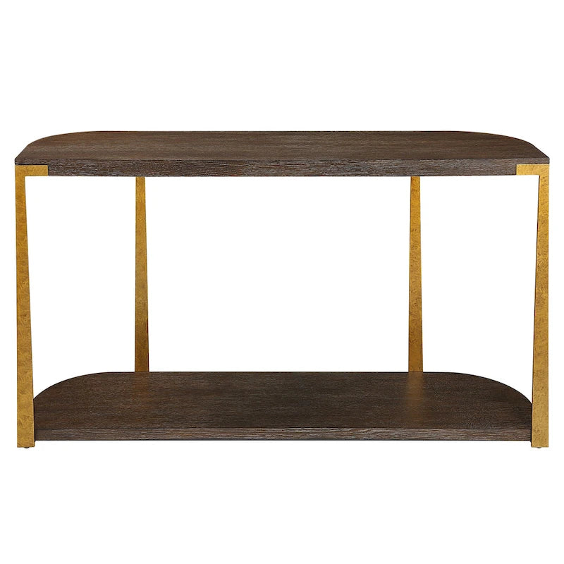 Mesa consola marrón y dorada, superficie de madera, 1 pieza, 54 an. x 30 al. x 14 prof. pulg.