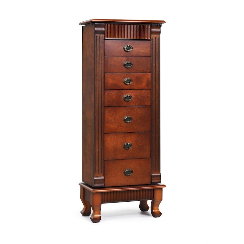 Gabinete para joyas de madera marrón con espejo - 7 cajones, 2 puertas laterales