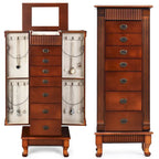 Gabinete para joyas de madera marrón con espejo - 7 cajones, 2 puertas laterales
