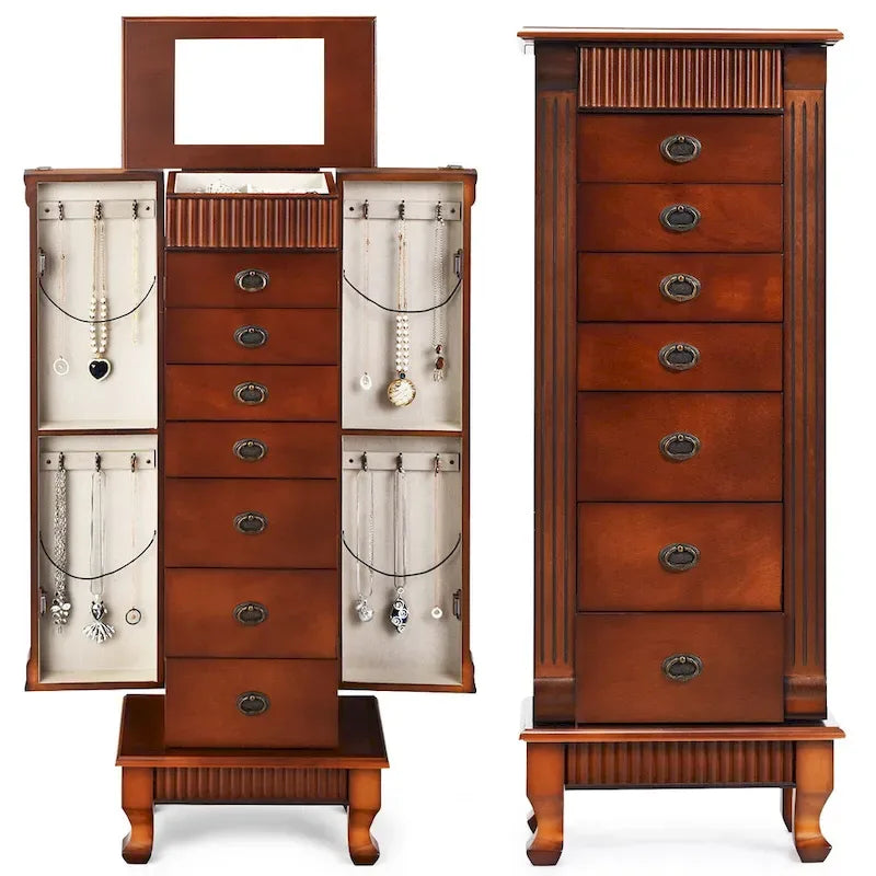 Gabinete para joyas de madera marrón con espejo - 7 cajones, 2 puertas laterales