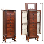 Gabinete para joyas de madera marrón con espejo - 7 cajones, 2 puertas laterales