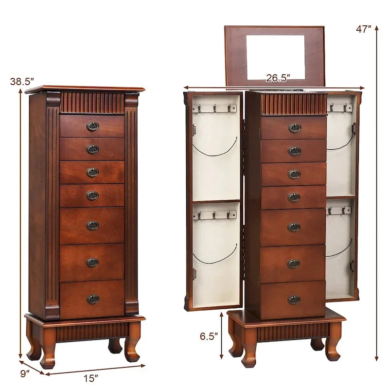 Gabinete para joyas de madera marrón con espejo - 7 cajones, 2 puertas laterales
