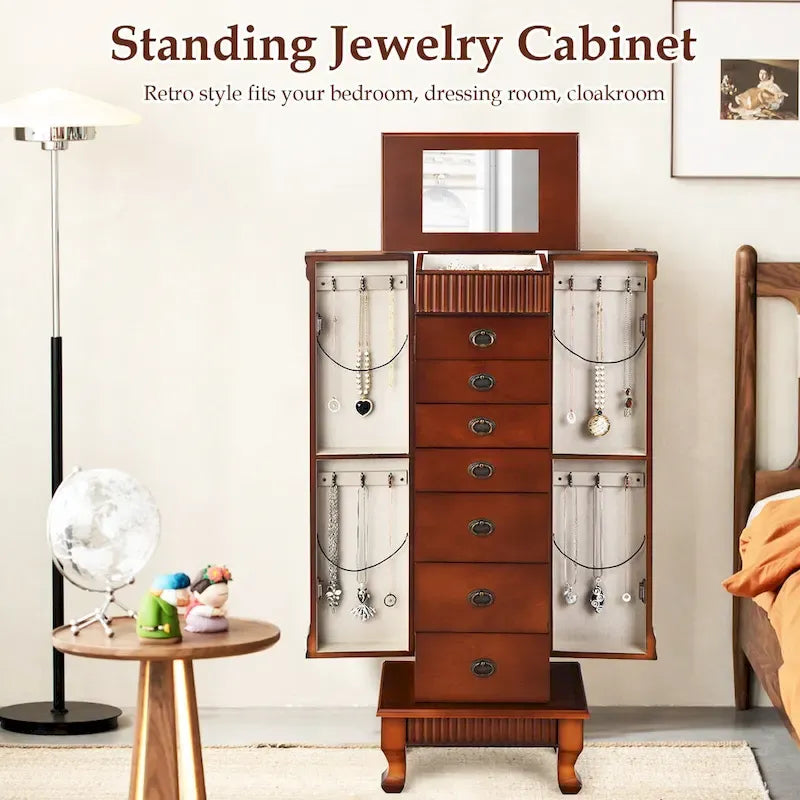Gabinete para joyas de madera marrón con espejo - 7 cajones, 2 puertas laterales