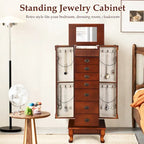 Gabinete para joyas de madera marrón con espejo - 7 cajones, 2 puertas laterales
