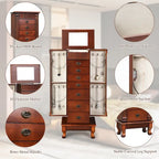Gabinete para joyas de madera marrón con espejo - 7 cajones, 2 puertas laterales