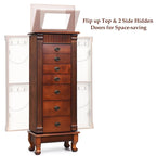 Gabinete para joyas de madera marrón con espejo - 7 cajones, 2 puertas laterales