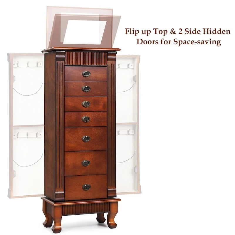 Gabinete para joyas de madera marrón con espejo - 7 cajones, 2 puertas laterales
