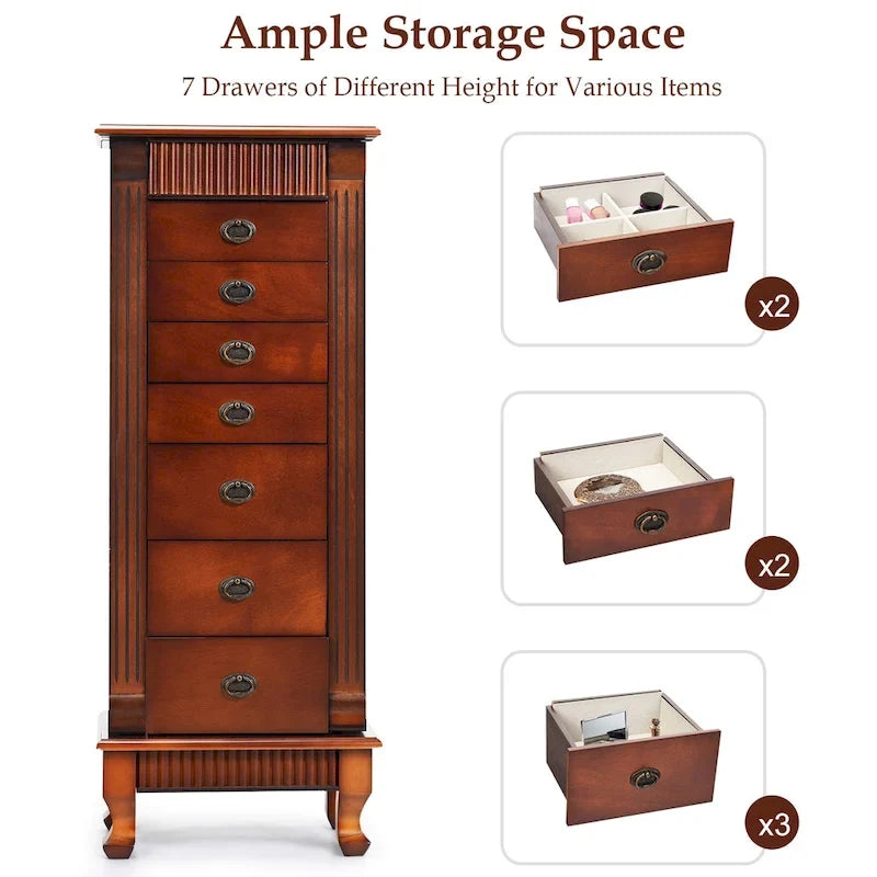 Gabinete para joyas de madera marrón con espejo - 7 cajones, 2 puertas laterales