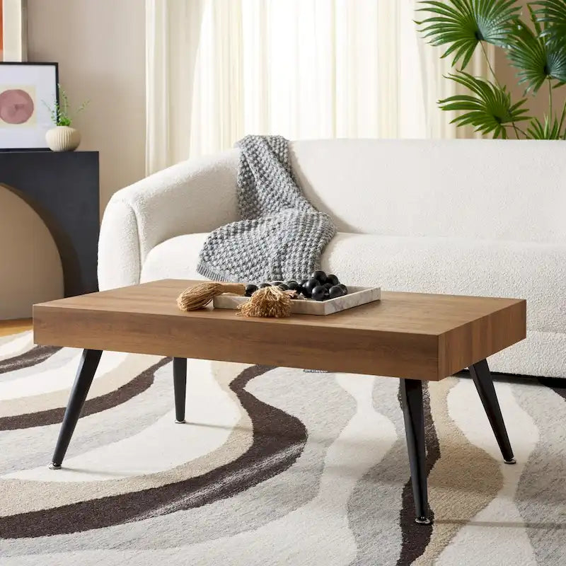 Mesa de centro rectangular moderna de mediados de siglo en gris claro / roble negro / raya negra / marrón natural