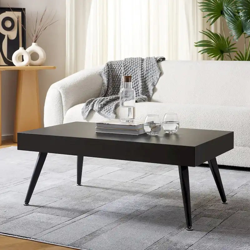 Mesa de centro rectangular moderna de mediados de siglo en gris claro / roble negro / raya negra / marrón natural
