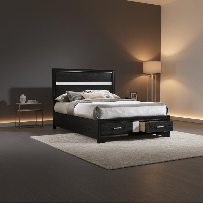 Vino Full Size Panel Bed with 2 Storage Drawers, Acrylic Glitter, Black