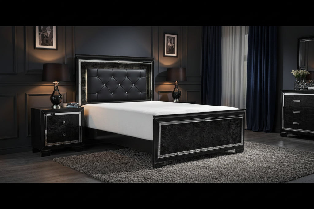 Base de cama LED tapizada de piel sintética negra – Individual / Matrimonial / King
