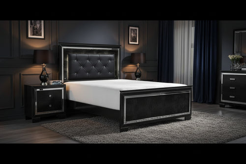 Base de cama LED tapizada de piel sintética negra – Individual / Matrimonial / King