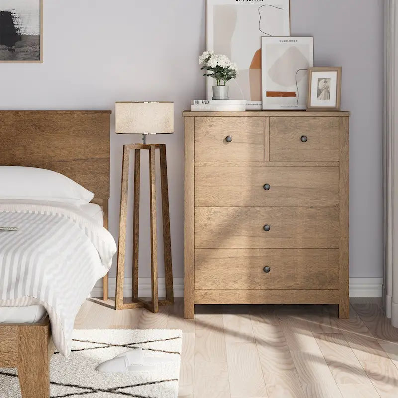 Cómoda de 5 cajones con veta de madera, estilo moderno, individual