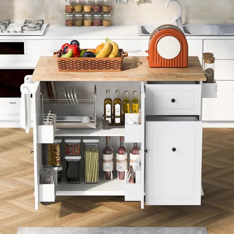 Carrito de Cocina Rodante Gris Azulado / Blanco / Negro con Tabla Abatible, Barra de Desayuno para 2 Personas