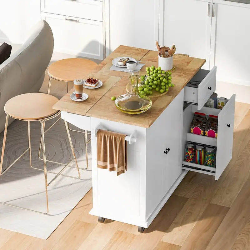 Carrito de Cocina Rodante Gris Azulado / Blanco / Negro con Tabla Abatible, Barra de Desayuno para 2 Personas