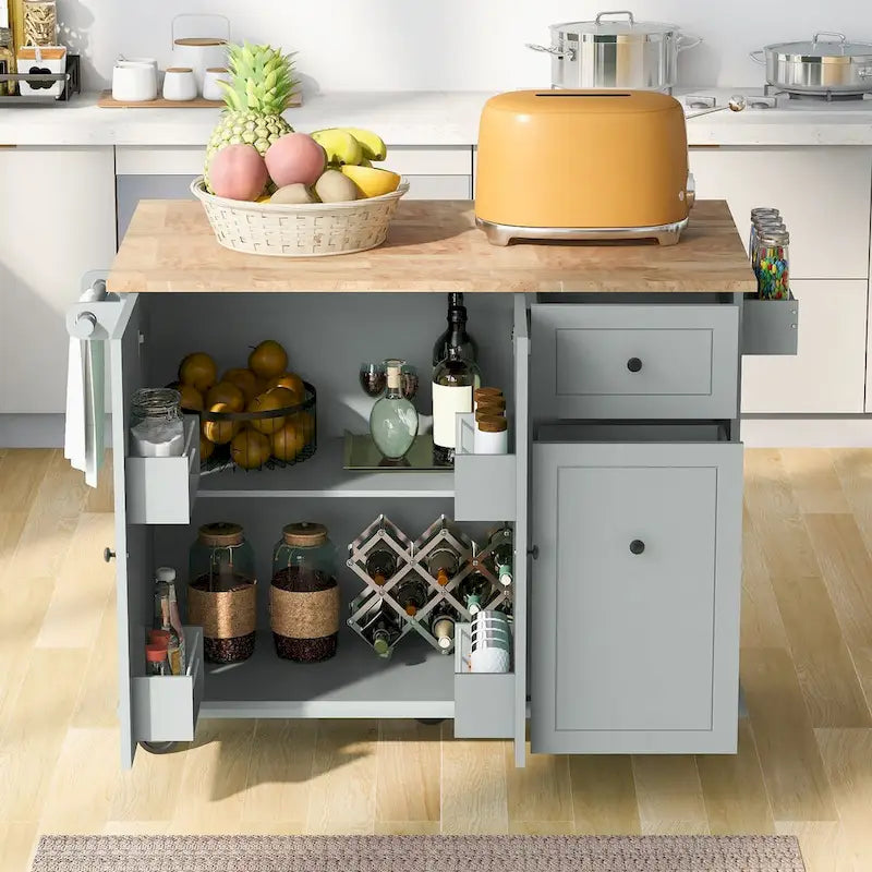 Carrito de Cocina Rodante Gris Azulado / Blanco / Negro con Tabla Abatible, Barra de Desayuno para 2 Personas