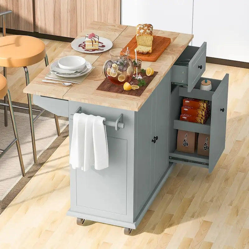 Carrito de Cocina Rodante Gris Azulado / Blanco / Negro con Tabla Abatible, Barra de Desayuno para 2 Personas