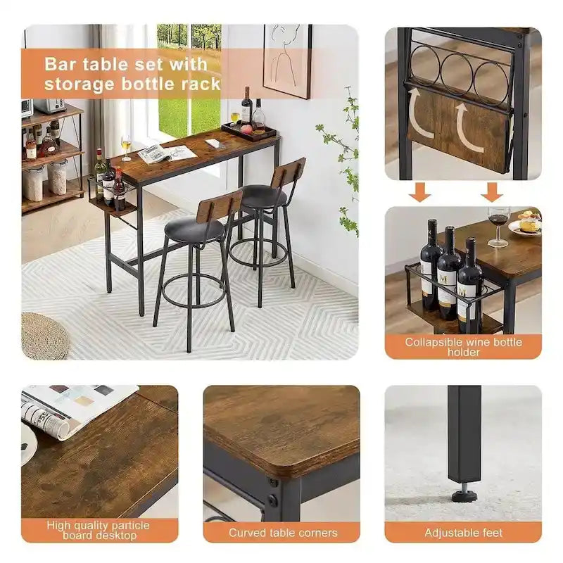 Juego de mesa de bar industrial marrón para 2 personas, con botellero