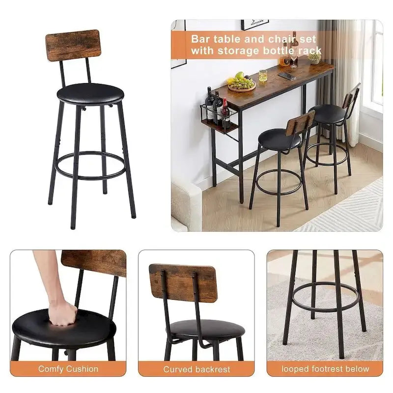 Juego de mesa de bar industrial marrón para 2 personas, con botellero