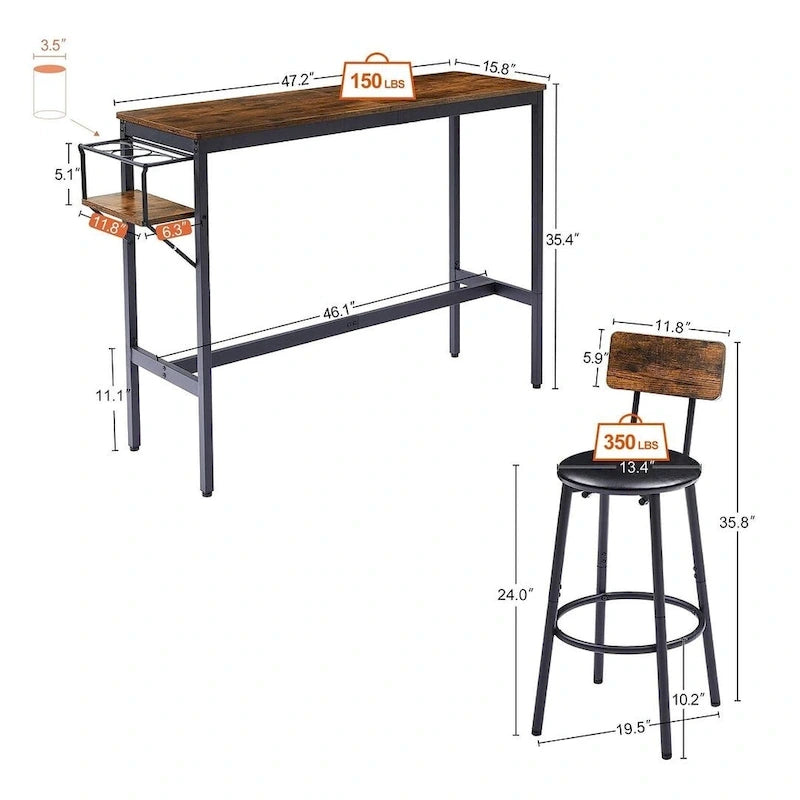 Juego de mesa de bar industrial marrón para 2 personas, con botellero