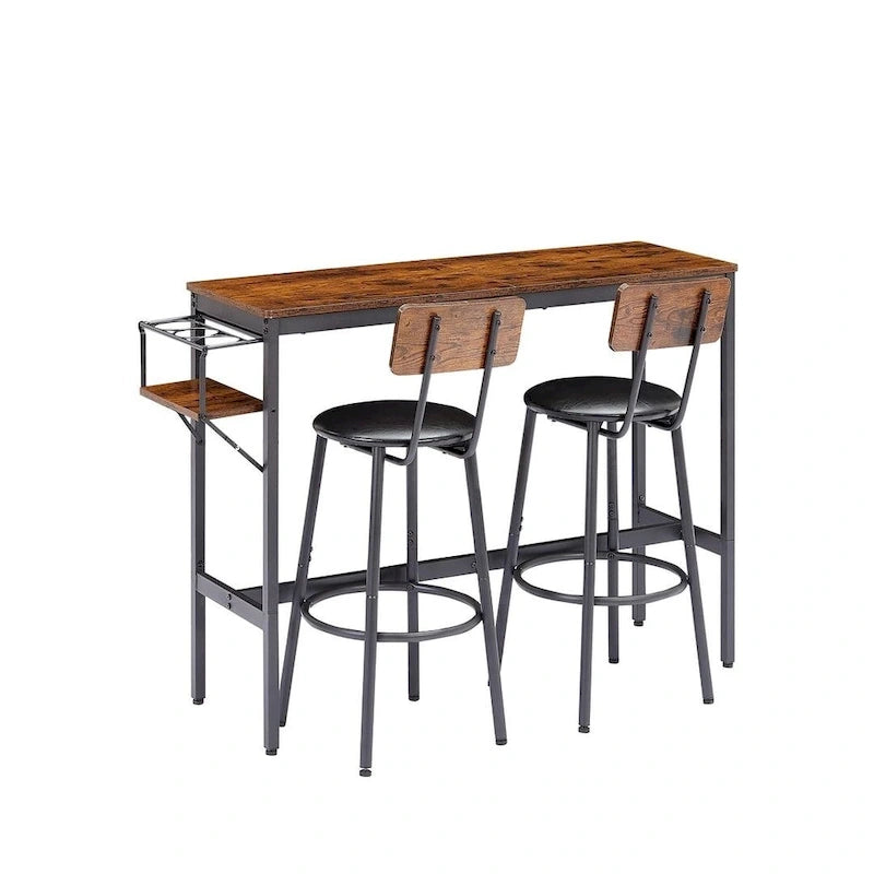 Juego de mesa de bar industrial marrón para 2 personas, con botellero