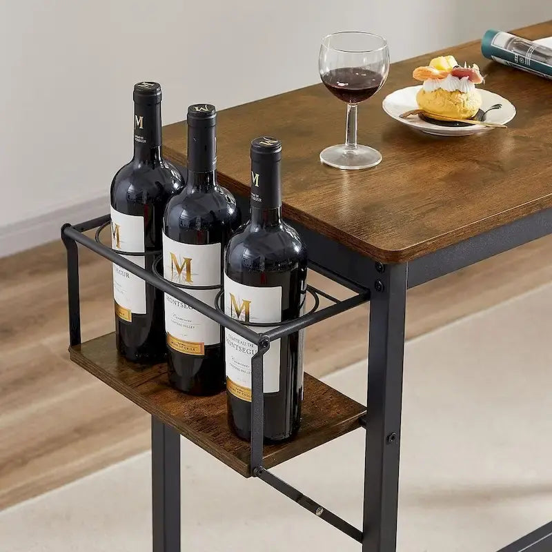 Juego de mesa de bar industrial marrón para 2 personas, con botellero