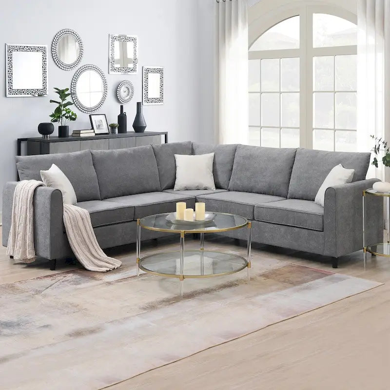 Sofá seccional gris en forma de L, 5 asientos, 3 piezas con almohadas