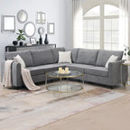 Sofá seccional gris en forma de L, 5 asientos, 3 piezas con almohadas