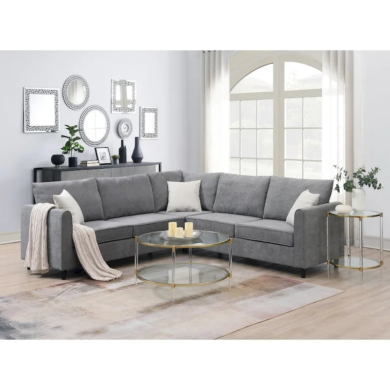 Sofá seccional gris en forma de L, 5 asientos, 3 piezas con almohadas