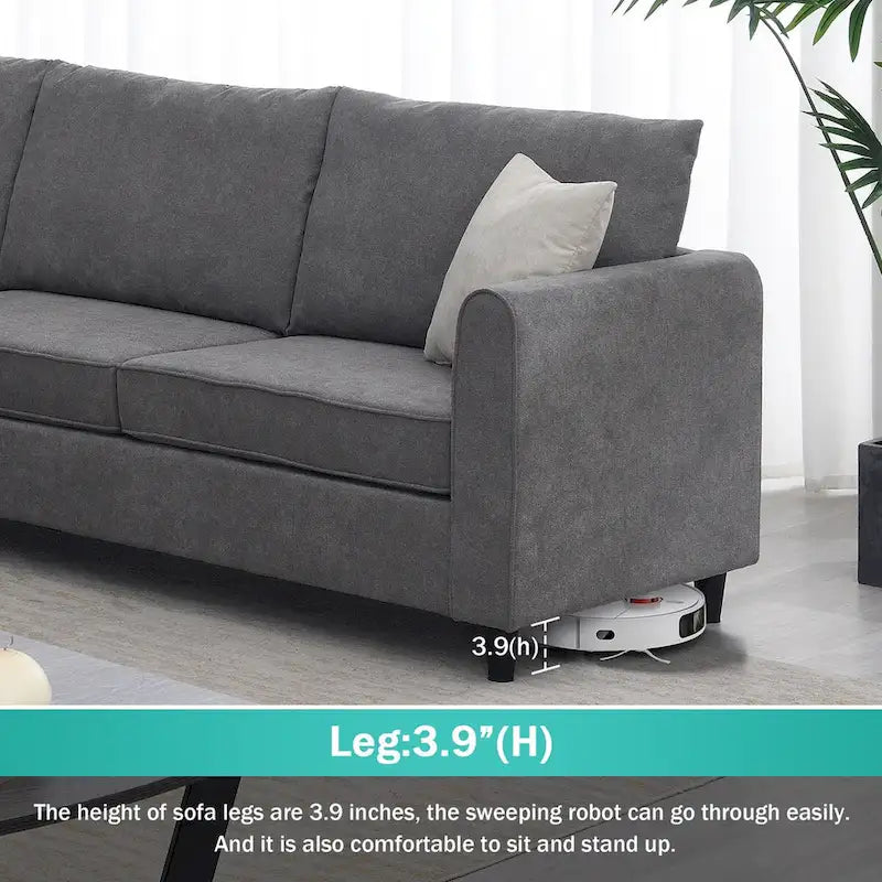 Sofá seccional gris en forma de L, 5 asientos, 3 piezas con almohadas